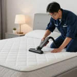 Bed bug treatment process in a modern bedroom with a technician inspecting a mattress.