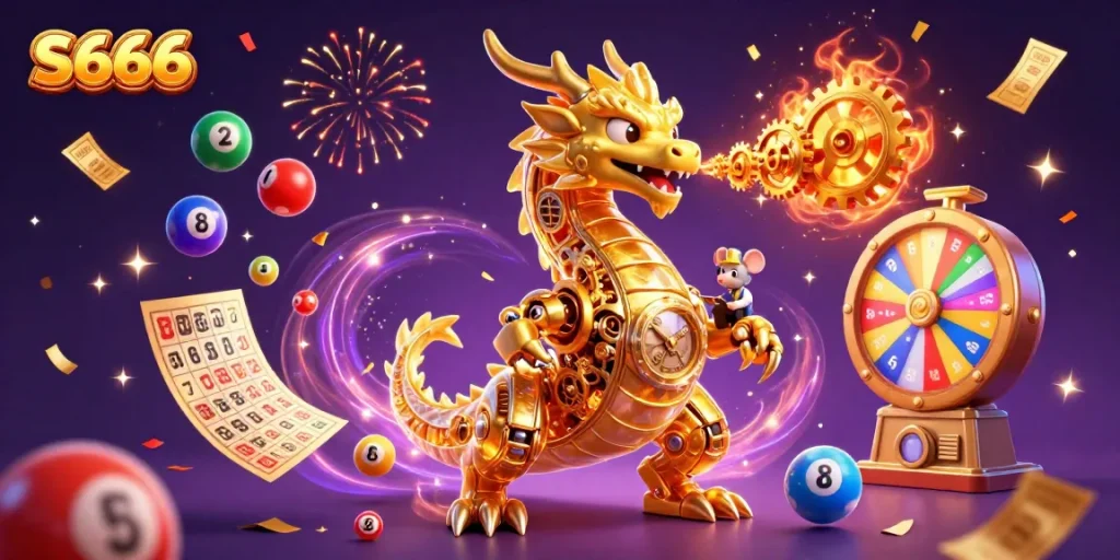 S666 engages players with vibrant golden casino magic, showcasing dragon power and colorful game elements.