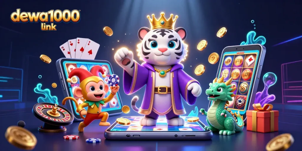 Engage with dynamic dewa1000 link as a playful golden monkey juggles chips with thematic casino elements surrounding