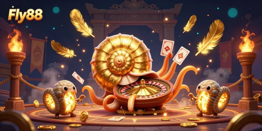 Engage with Fly88's vibrant casino world, featuring a giant nautilus roulette and glowing cards.