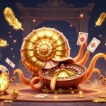 Engage with Fly88's vibrant casino world, featuring a giant nautilus roulette and glowing cards.