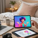Engaging NSFW AI interaction in a modern bedroom with colorful lighting.