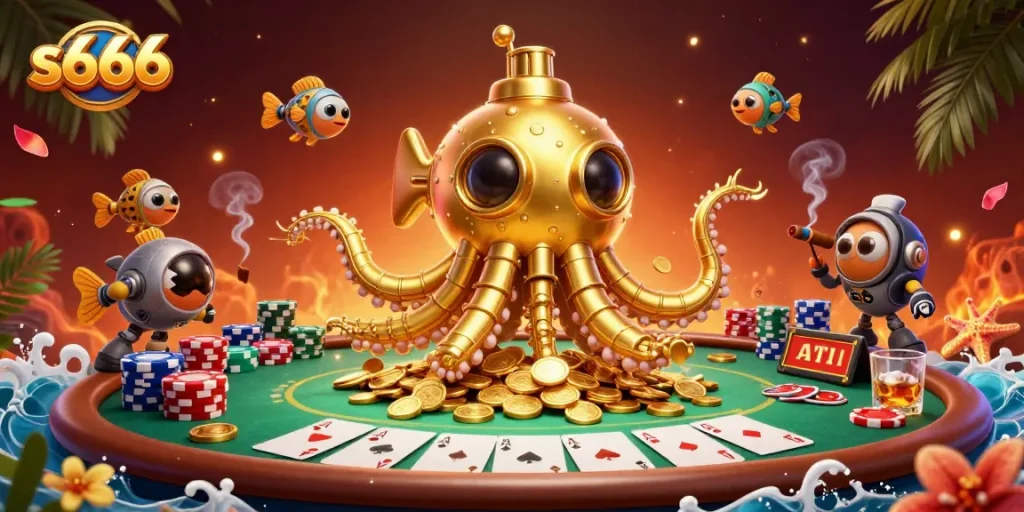 Engage with s666 as the golden kraken submarine battles through riches at the ultimate poker game.