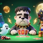 Five88 gaming illustration featuring a Frankenstein bulldog monster and a werewolf kitten at a lively casino table.