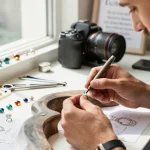 Creating a custom engagement ring uk in an elegant jewelry studio with a skilled artisan and gemstones.