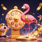 Ev88 offers an exciting scene with a game show host flamingo and an energetic bulldog contestant in a vibrant casino setup.