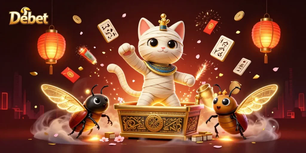 Experience thrilling betting action at Debet with an Egyptian mummy cat and golden details.