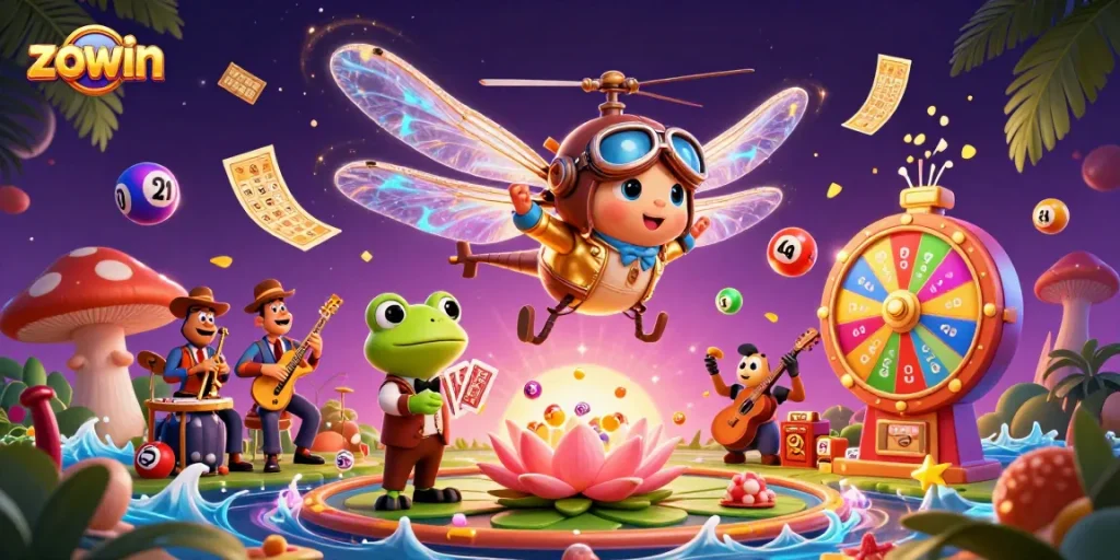Experience thrilling jackpots at Zowin's vibrant lily pad casino with dynamic game elements.