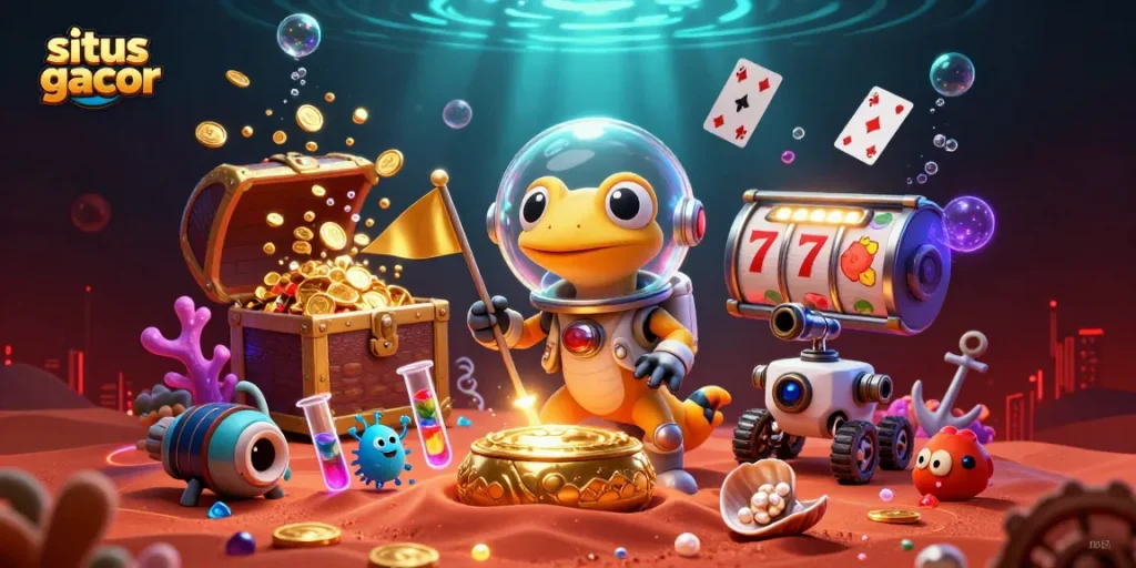 Experience the thrill of situs gacor with a vibrant casino scene, featuring a Martian gecko and golden treasures.