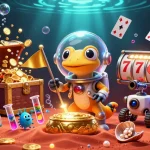 Experience the thrill of situs gacor with a vibrant casino scene, featuring a Martian gecko and golden treasures.