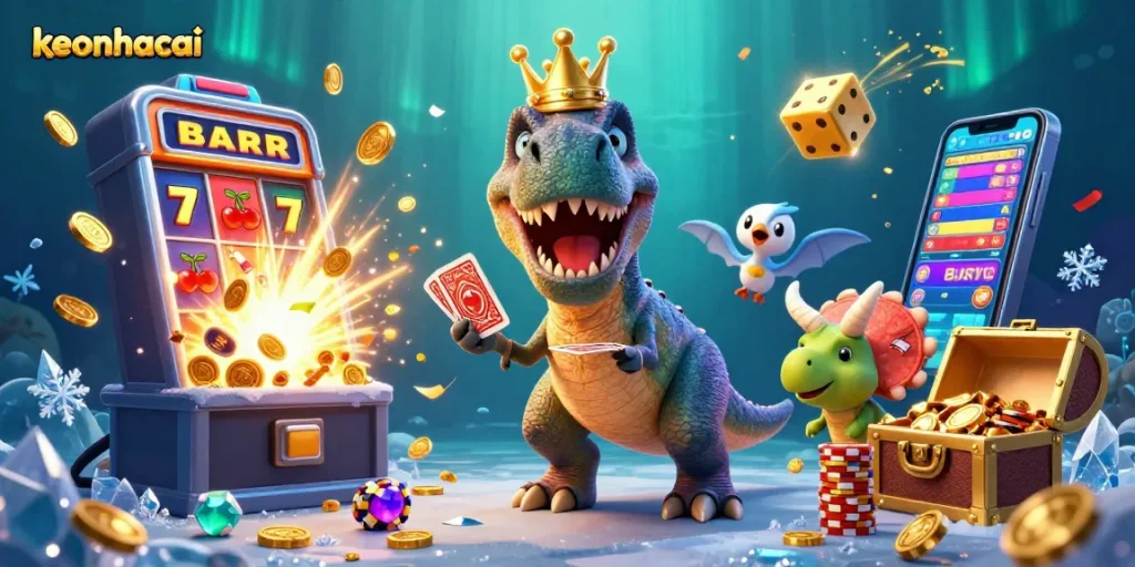 Engage with exciting keonhacai gaming action featuring a T-Rex and friends in a vibrant casino scene.