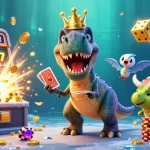 Engage with exciting keonhacai gaming action featuring a T-Rex and friends in a vibrant casino scene.