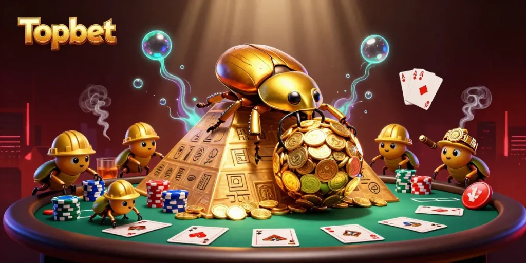 Experience Topbet with a dynamic 3D scene of beetles rolling golden coins at a casino pyramid.