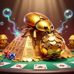 Experience Topbet with a dynamic 3D scene of beetles rolling golden coins at a casino pyramid.