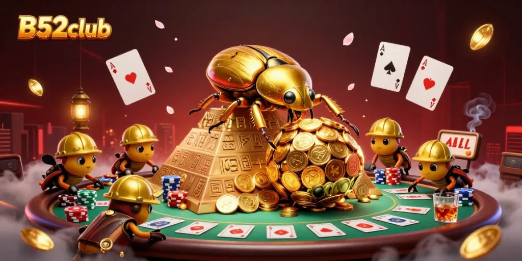 B52club promotions come alive in a vibrant 3D illustration featuring golden coins and poker chips.