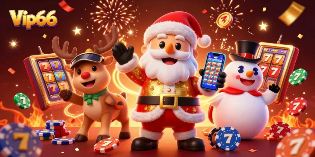 Experience jackpot slots excitement at Vip66 with Santa Claus and friends in a vibrant casino scene.