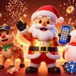 Experience jackpot slots excitement at Vip66 with Santa Claus and friends in a vibrant casino scene.