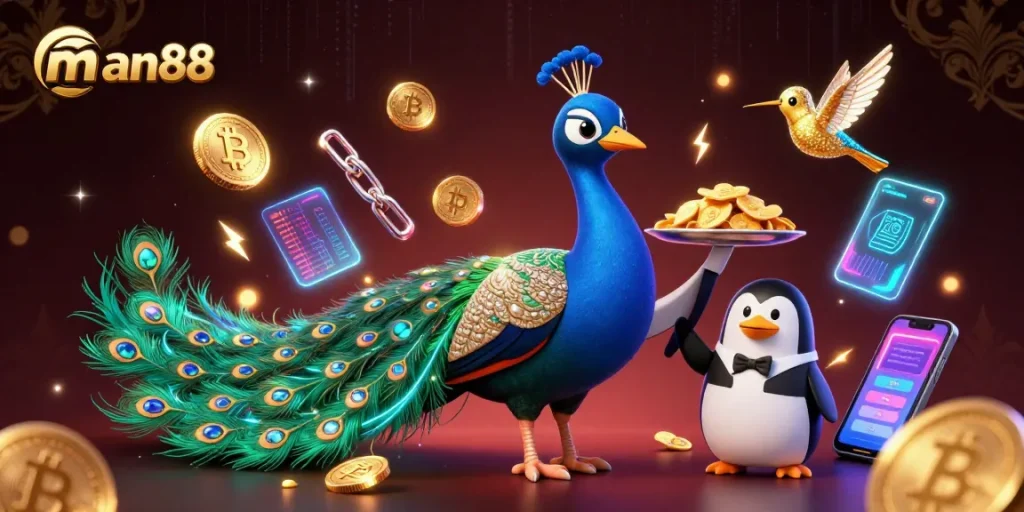 Engage with man88 and enjoy thrilling gaming with a dazzling peacock, butler, and golden chips.