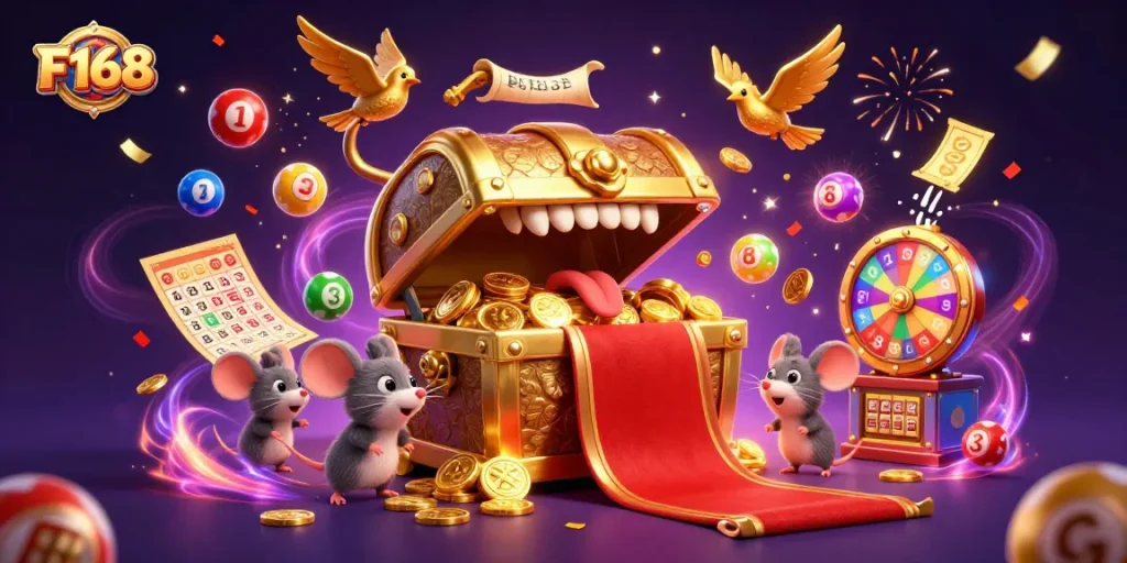 Experience F168's vibrant gaming world with dazzling prize wheels, golden treasures, and lottery excitement.
