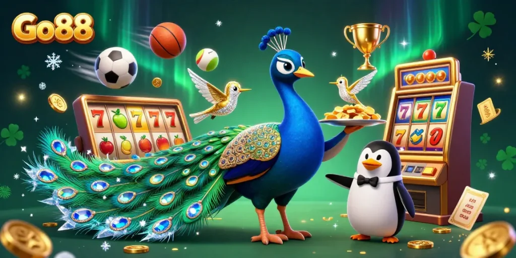 Experience the excitement at Go88 with 3D elements featuring games, slots, and vibrant characters in a festive casino atmosphere.
