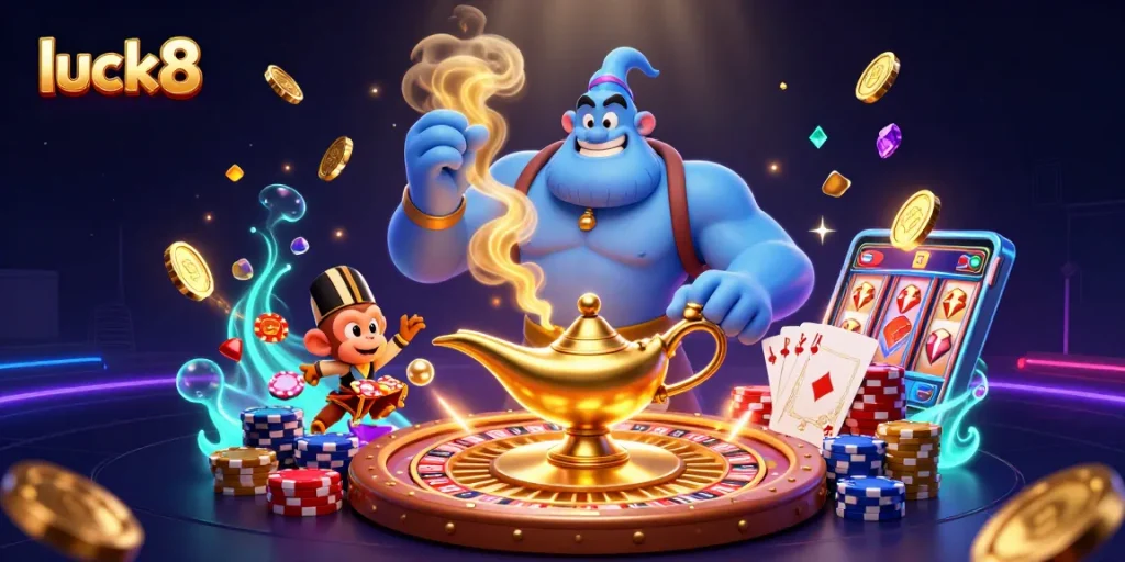 Experience excitement and winnings at luck8 with a dynamic casino scene filled with vibrant gaming elements.