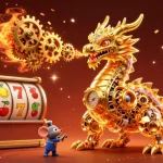 Engage with toto slot action as a golden dragon breathes gears, surrounded by vibrant game elements.