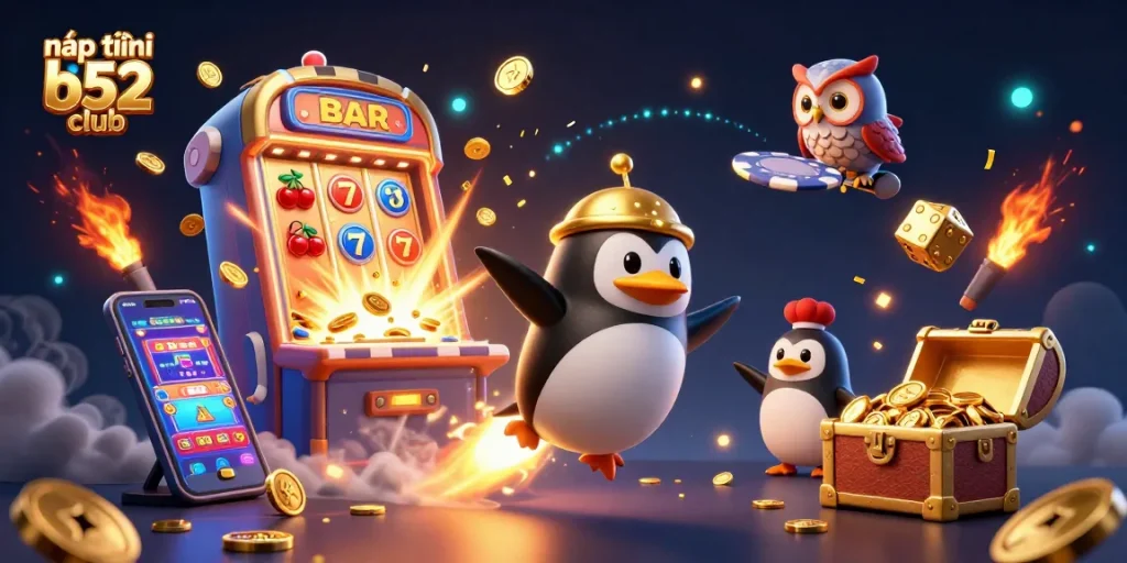 Experience the thrill of nạp tiền b52 club with a dynamic 3D casino scene featuring wild characters and vibrant elements.