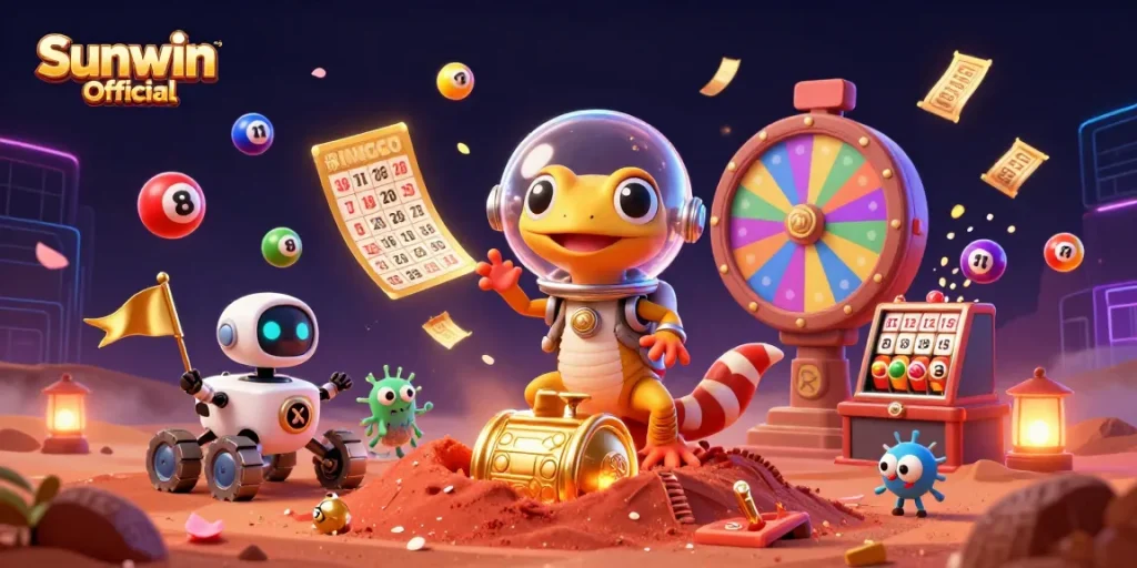 Experience Sunwin Official magic at a vibrant casino scene with animated lottery elements and alien characters.