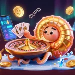 S8 com promotes thrilling gameplay with a golden roulette nautilus and crypto elements illuminating the casino scene.