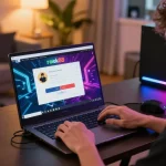 Player using rokok88 login on a laptop in a vibrant gaming environment.