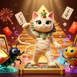 Engage with mm88's dynamic casino experience featuring a lively mummy cat and golden treasures.