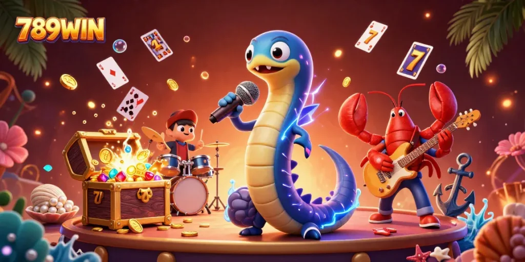 Experience the vibrant energy of 789WIN as the electric eel DJ performs with colorful casino elements.