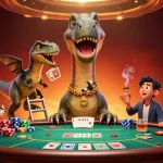 Experience SHBET's unique casino atmosphere with a giant dinosaur and raptor dealer at a poker table.